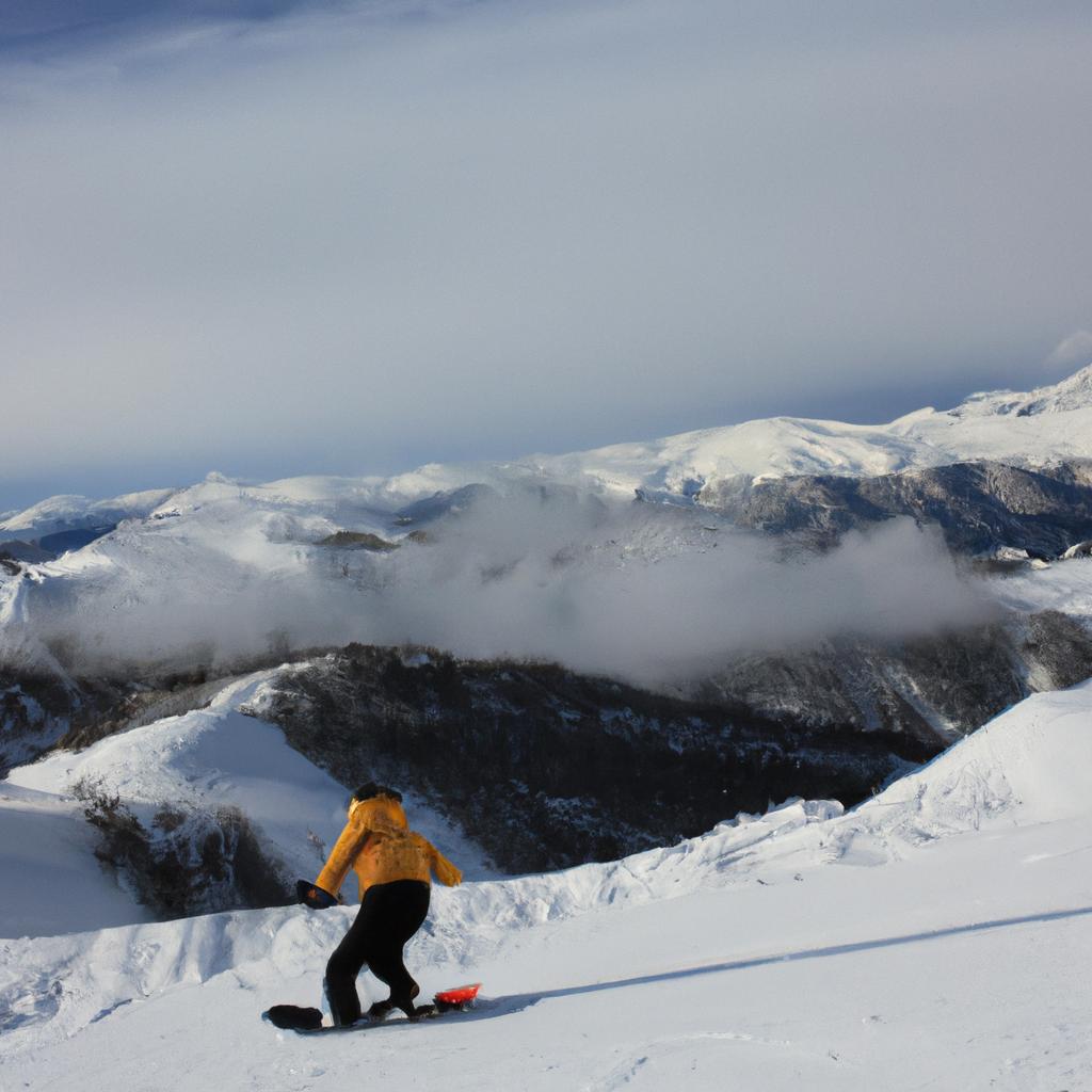 Person snowboarding in snowy mountains