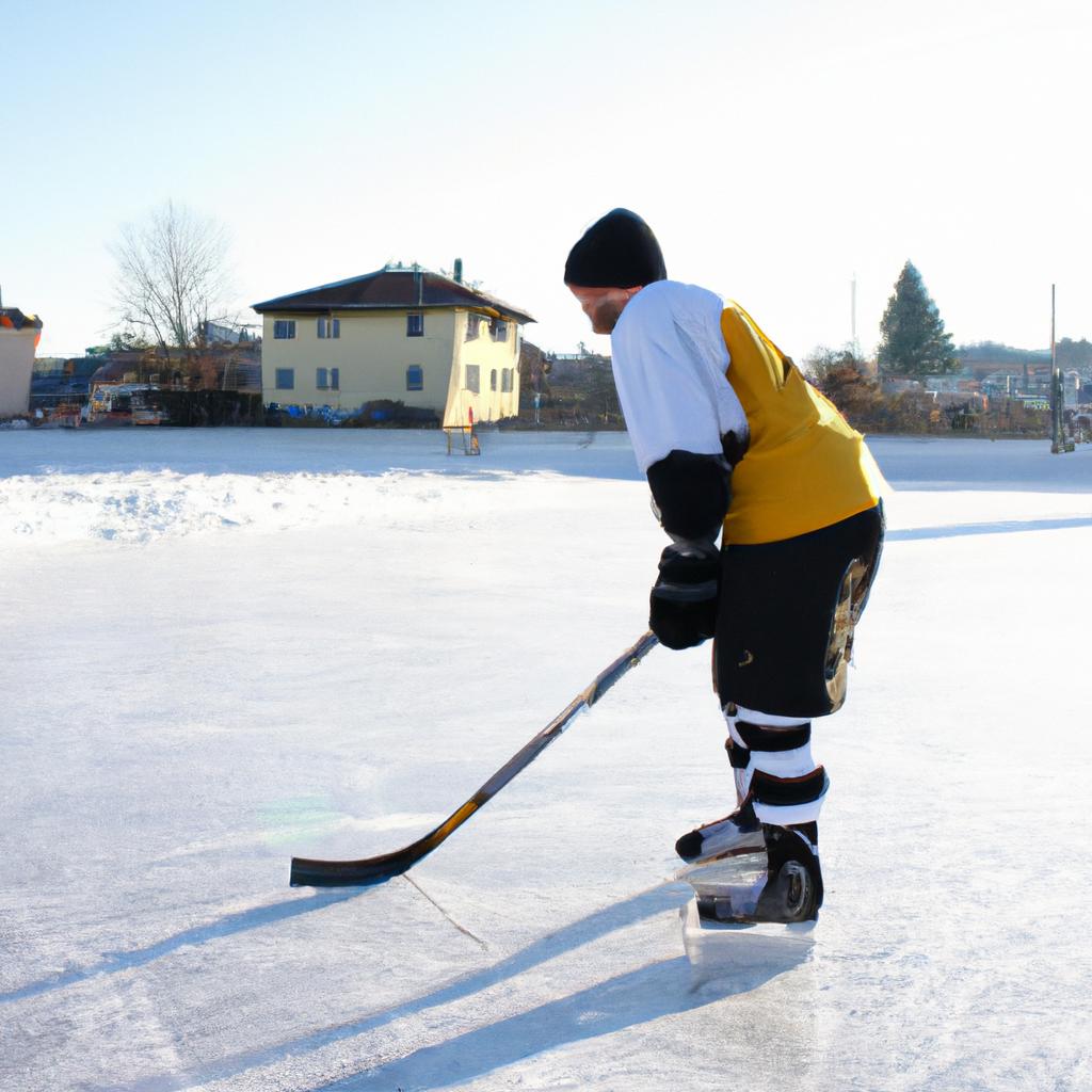 Person playing ice hockey outdoors